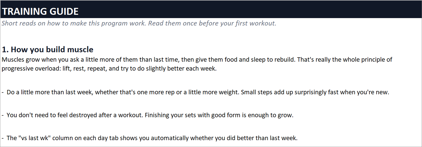 Training guide that covers the basics of building muscle in plain language