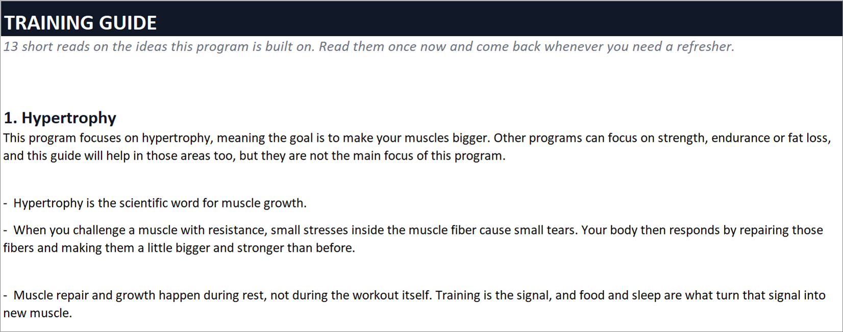 Training guide describing the hypertrophy principles used in the program
